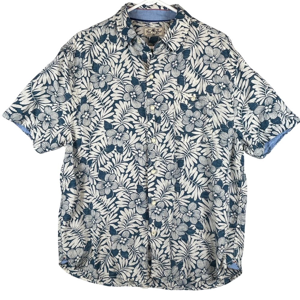True Grit Mens Large‎ Blue Floral Linen Tencel Short Sleeve Button Down Shirt